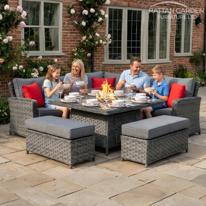 BOX DAMAGED - Serena Boston Corner Rattan Dining Set with Fire Pit