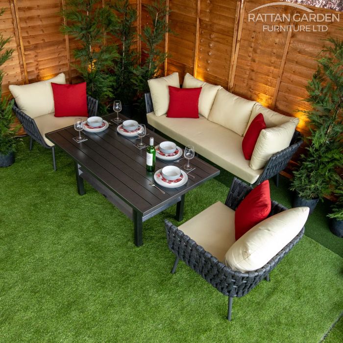 Monaco Dark Grey 4 Seat 4 Piece rattan Dining Sofa Set - Cream Cushions