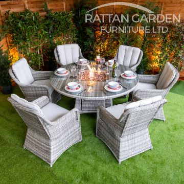 Rattan Champagne Vienna Round 6 Seat Fire Pit Set
