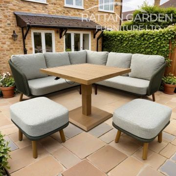 Marseille Aluminium & Green Rope (Teak Look) Corner Dining Set with Rising Table