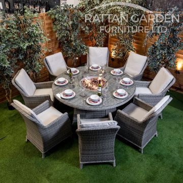 Rattan Champagne Paris 8 Seat Fire Pit With 165cm Round Table