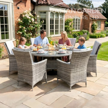 Rattan Champagne Atlanta Round 6 Seat Fire Pit Set