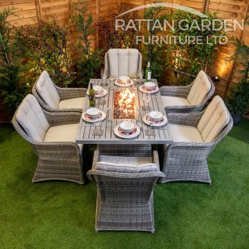 Champagne Vienna Rectangular 6 Seat Aluminium rattan Fire Pit Set