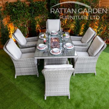 Rattan Champagne Paris Rectangular 6 Seat Fire Pit Set