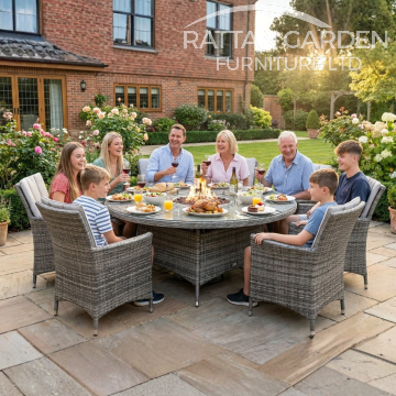 Rattan Champagne Atlanta 8 Seat Fire Pit With 165cm Round Table
