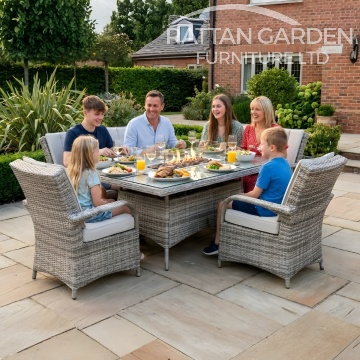 Rattan Champagne Tokyo Rectangular 6 Seat Fire Pit Set