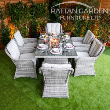 Rattan Champagne Vienna Rectangular 6 Seat Fire Pit Set