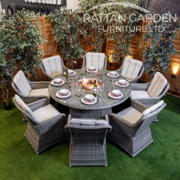 Rattan Champagne Vienna 8 Seat Fire Pit With 165cm Round Table