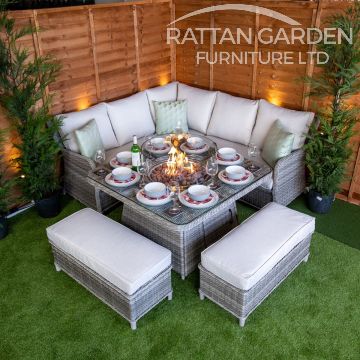 Champagne Miami Corner Rattan Dining Set with Fire Pit