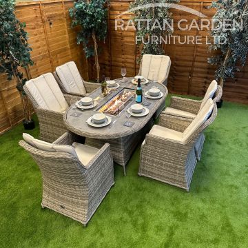 Rattan Champagne Paris 180cm Oval 6 Seater Fire Pit Set