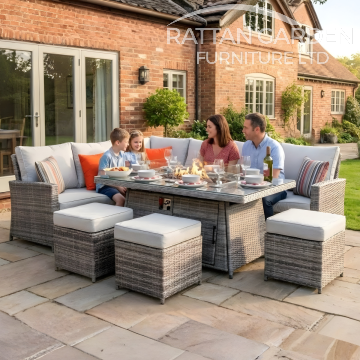 Champagne Hampton rattan Corner Dining Set with Fire Pit
