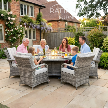 Rattan Champagne Tokyo Round 6 Seat Fire Pit Set