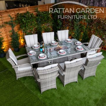 Champagne Tokyo 8 Seat rattan Fire Pit With 200cm Rectangular Table