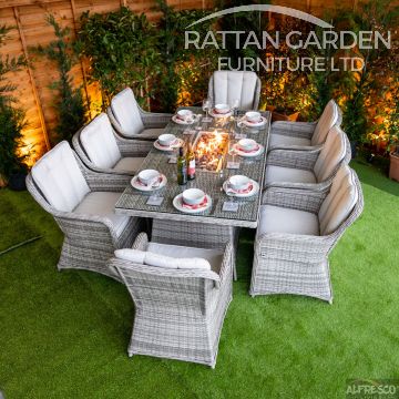 Champagne Vienna 8 Seat rattan Fire Pit With 200cm Rectangular Table