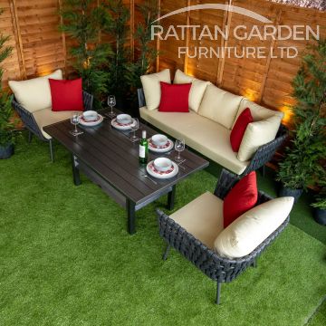 Monaco Dark Grey 4 Seat 4 Piece rattan Dining Sofa Set - Cream Cushions