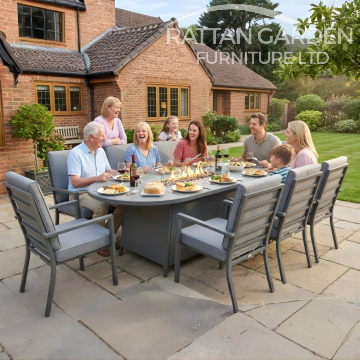 Highbury 8 Seat Aluminium Oval Ceramic Glass Top Table Fire Pit Dining Set